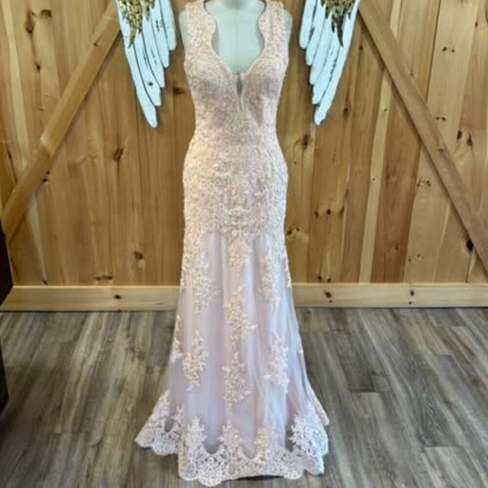 Stunning Blush Lace Mermaid Gown – Elegant Formal or Bridal Dress
